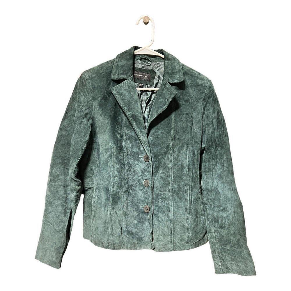 Jones New York Dark Blue Green Button Suede Leather Jacket Women’s Size Medium